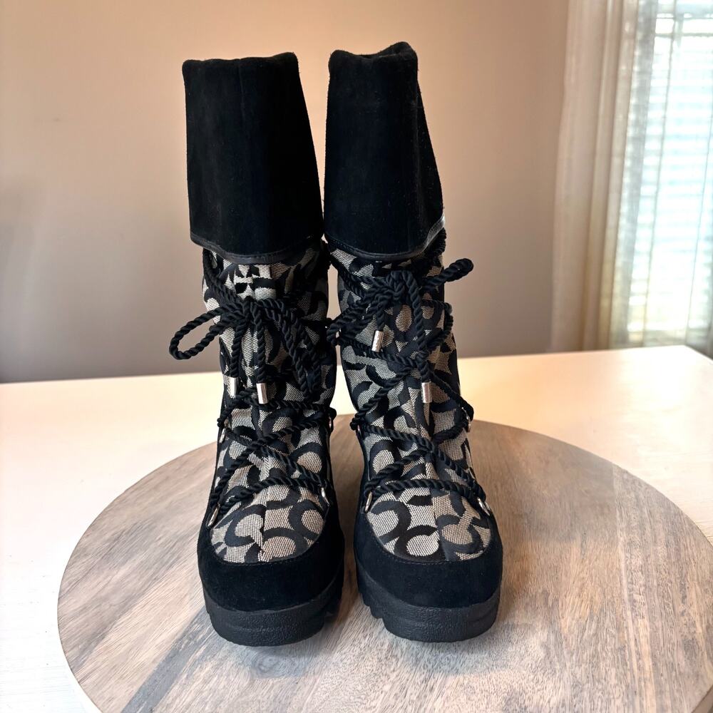 Coach Signature Logo Lace Up Wedge Winter Boots Black Suede Canvas Women's 7.5 - Picture 4 of 10